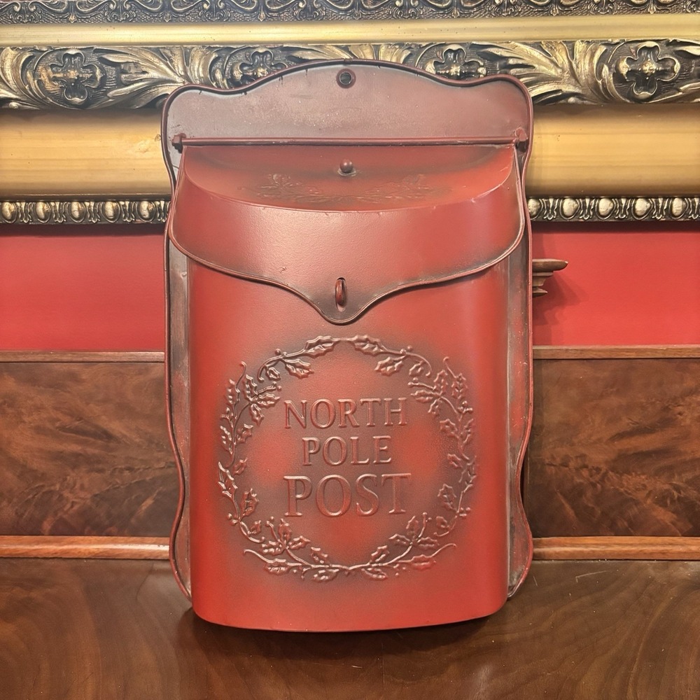 North Pole Post Mailbox Red Metal Wall Hanging Christmas Letter Box